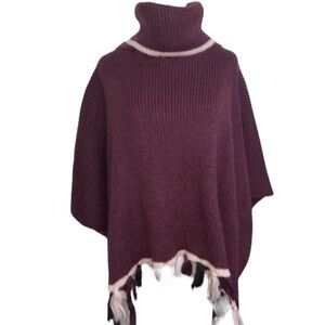 Libby Edelman Burgundy Tassel Sweater Poncho Wrap OS
